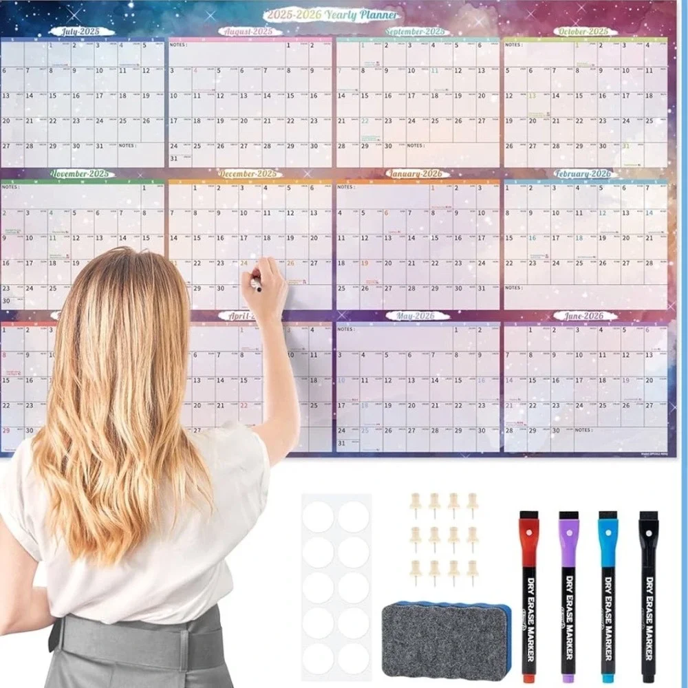 2025-2027 Dry Erase Wall Calendar 48x32 Laminated 2 Year Planner Azure Starry